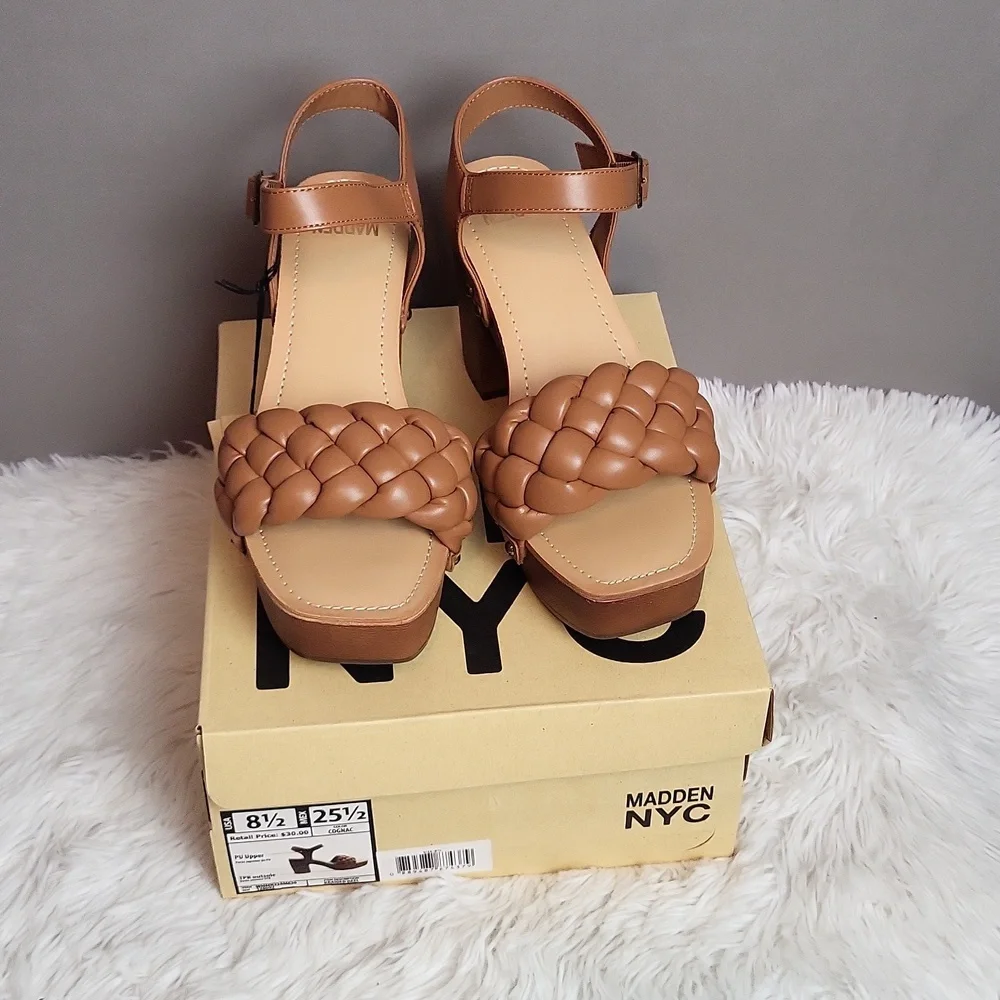 Madden NYC Cognac Braided Heel Sandals Women's Shoe Size 8.5 NIB - Picture 2 of 5